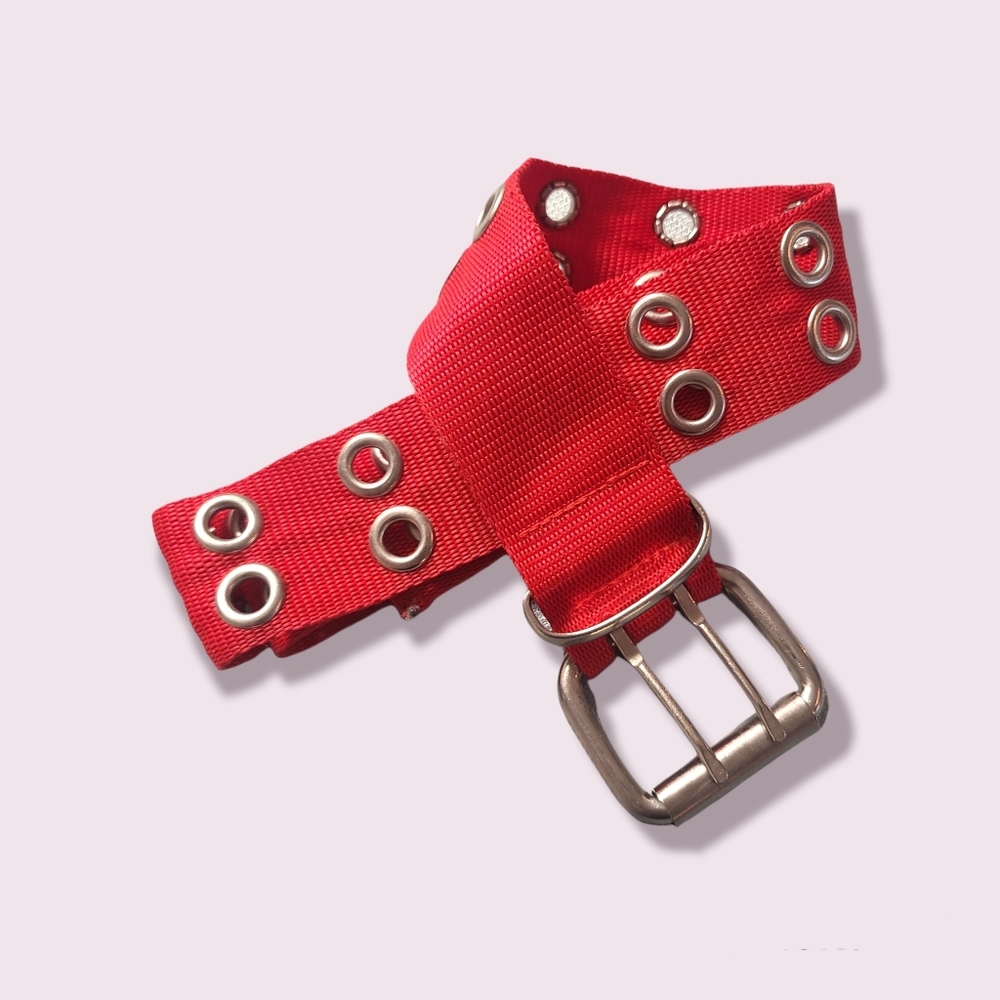 90s Classic Canvas Belt 1.5" 2-Row Metal Eyelets Red - Picture 6 of 11